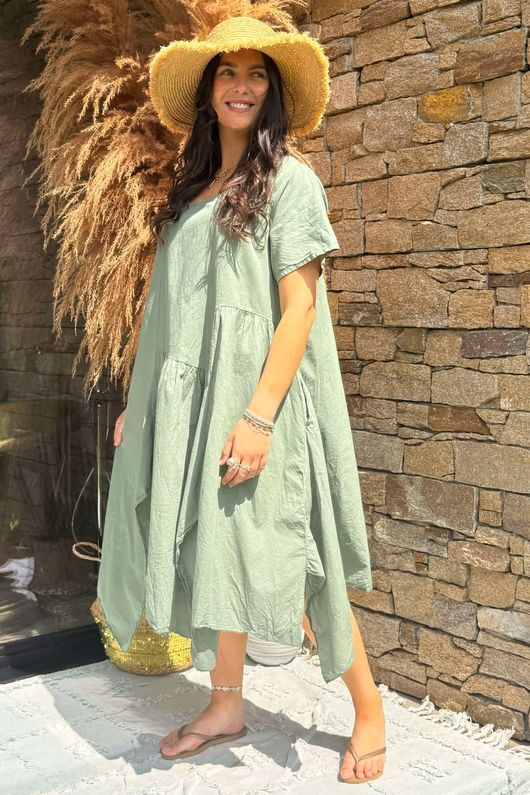 Made in Italy Tiggy Pure Cotton Smock Dress Soft Khaki -